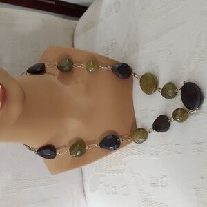 Vintage Faux faceted chunky stone gold tone link chain long necklace